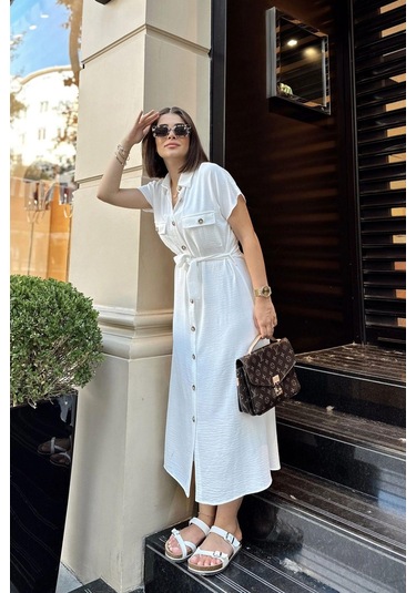 Beyaz Kısa Kol, Gömlek Yaka, Düz Desen, Çift Cepli, Aerobin Kumaş, Kuşaklı Maxi Elbise Beyaz