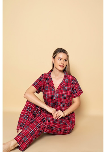 Kadın Gömlek Desenli Kısa Kol Pijama Akımı Kırmızı