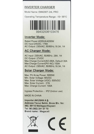 Megacell Em4200t-24l Pro- 4.2kw 24v Mppt 100a Hibrit İnvertör
