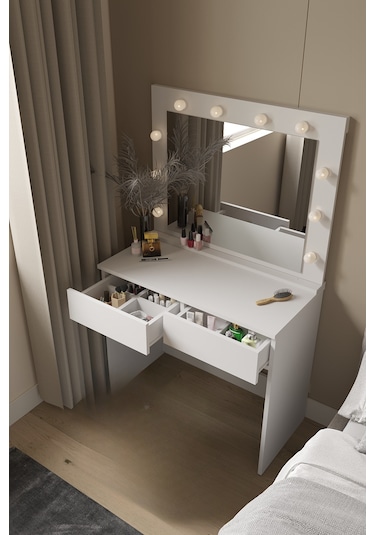 Sakura Işıklı Aynalı Çekmeceli Makyaj Masası Beyaz