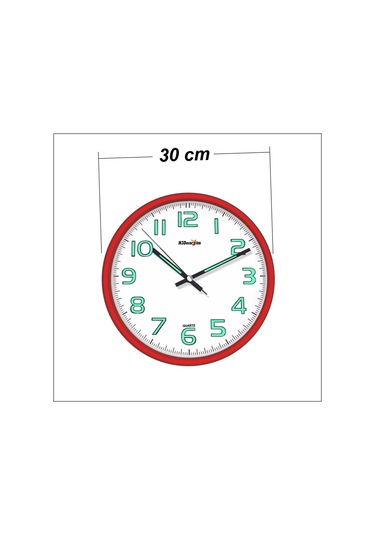 Kırmızı Karanlıkta Okunabilen Fosforlu Duvar Saati 27 Cm Kırmızı