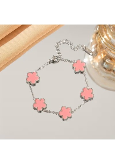Çelik Bileklik Dört Yapraklı Küçük Yonca Pembe Sedef Taşlı Uzunluk 18 Cm Gümüş Gümüş