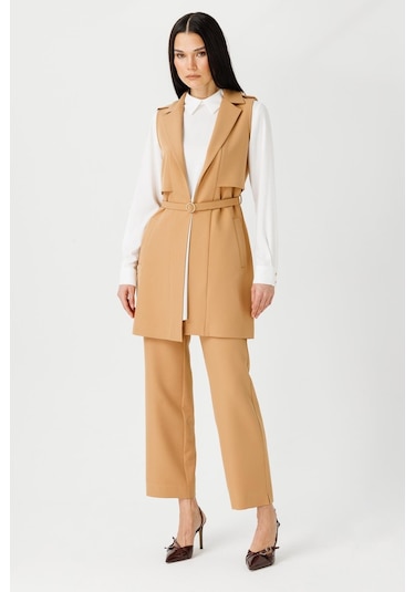 Aller Detaylı İnce Kemerli Yelek Pantolon Tunik Camel-camel Camel
