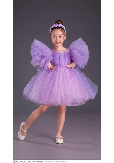 Kız Çocuk Tütü Etekli Kabarık Kollu Komotini Taçlı Abiye Elbise Mor 1662 Mor