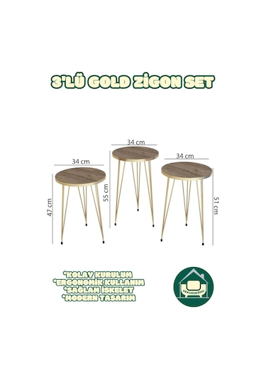 Berlin Ceviz Zigon Sehpa Gold Tel Ayak Lüks & Modern Tasarım