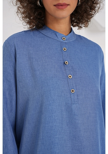 Bigdart 6678 Keten Tunik Pantolon İkili Takım - İndigo