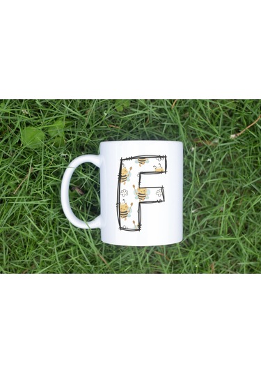 F Harfi Arı Desenli Kupa - Sevimli Hayvan Temalı Kişiye Özel Kahve Kupası - Şans Kupası Beyaz