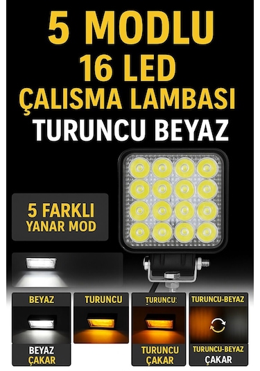 16 Led 5 Modlu Turuncu Beyaz Çalışma Lambası