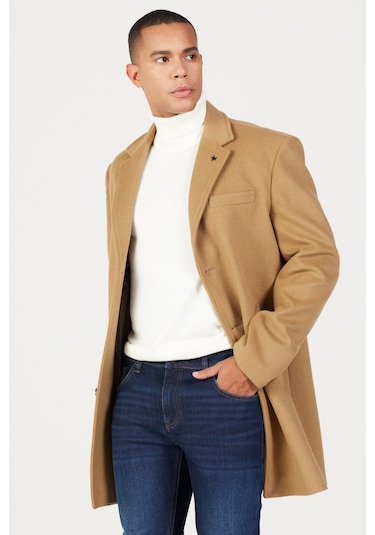 Ac&Co / Altınyıldız Classics Erkek Camel Standart Fit Normal Kesim Mono Yaka Yünlü Palto Camel