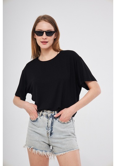 Siyah Baskısız Düz Bisiklet Yaka Kadın Oversize T-shirt SIYAH