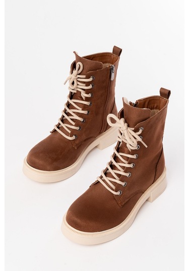 02-356 Taba Süet Düz Topuklu Bağcıklı Fermuarlı Günlük Kadın Bot Beyaz