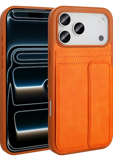 Apple Uyumlu iPhone 17 Pro Max Kılıf Pu Deri Kartlıklı Sevilla Kapak Turuncu