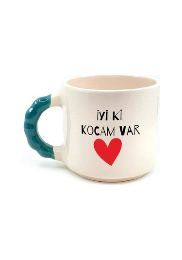 İyi Ki Kocam Var Baskılı Yeşil Kulplu Boncuk Sevgililer Günü Kupası