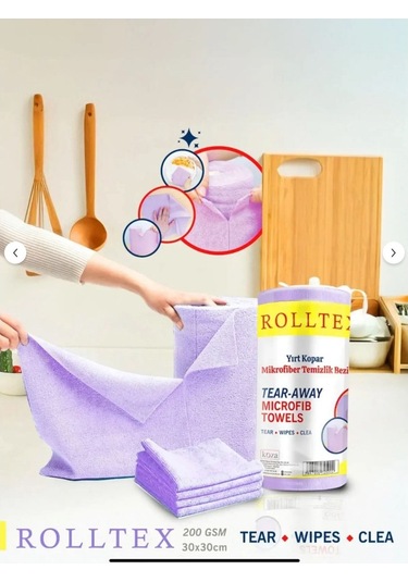 Rolltex Yırt Kopar %100 Mikrofiber Temizlik Bezi 30x30cm 20'li Mor Renk Gri