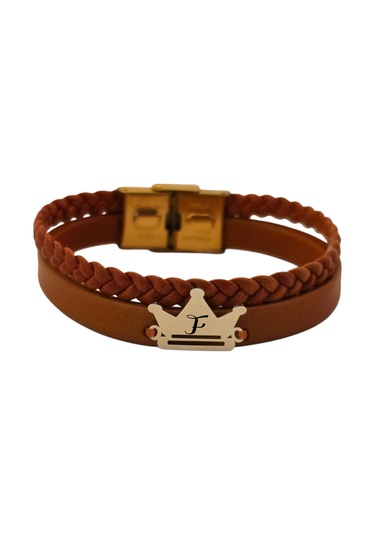 Archin F Harfine Özel Kahverengi Derili Taç Motifli 14 Ayar Altın Plakalı Hediye Bileklik-467harf F