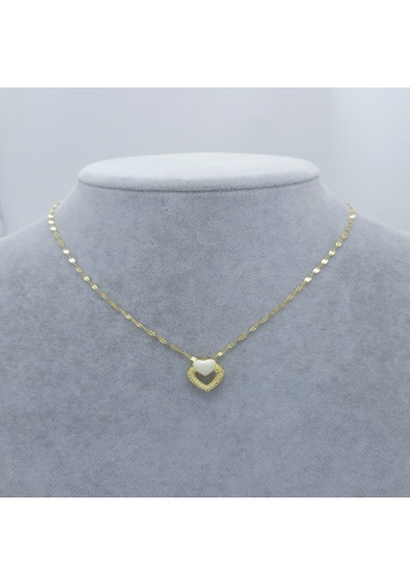 Yeni Sezon 22 Ayar Altın Kaplama Singapur Zincir'li Kalp'li Beyaz Taş'lı Kadın Kolye Gold
