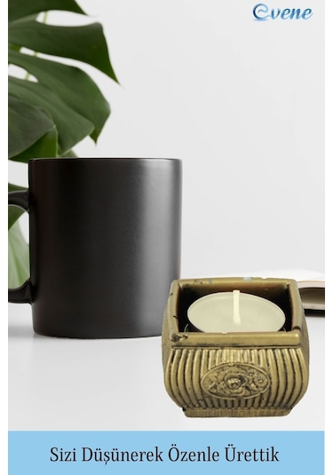 Eskitme Mumluk Şamdan Tealight Mum Uyumlu Mini Çizgili Çiçekli Model - Altın Eskitme