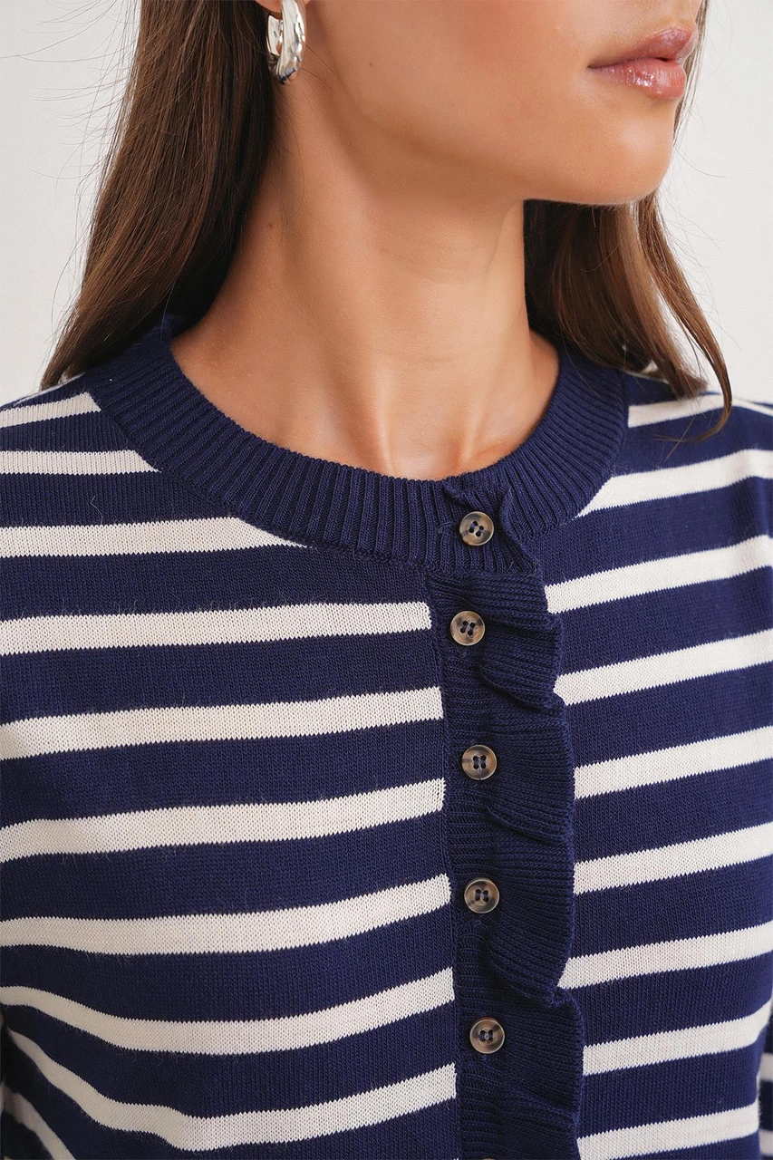6965 Kadın Fırfır Detaylı Çizgili Triko Hırka Lacivert Lacivert