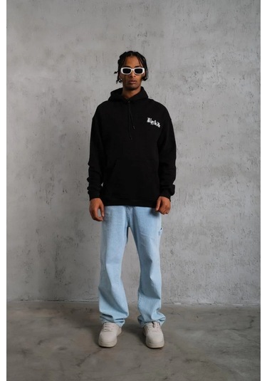Erkek Oversize Üç İplik Kapüşonlu Sweat Siyah Kol Ve Etek Ribana Detaylı, Ön Ve Sırt Baskılı, Kang Siyah