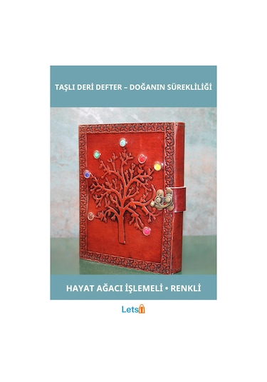 Hayat Ağacı Figürlü Taşlı Deri Defter 20x15 Cm Çok Renkli