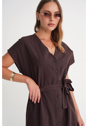 4721 Kadın V Yaka Düğme Detaylı Keten Elbise Kahve Kahve