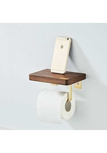 Novahub Retro Ahşap Raflı Tuvalet Kağıdı Tutucu Fırçalanmış Altın Duvara Montajlı Diğer