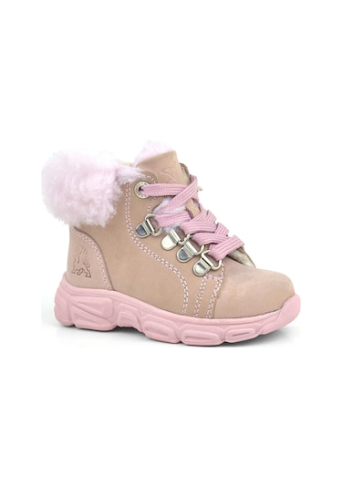 Rakerplus Hakiki Deri Pudra Pembe Fermuarlı Kışlık Kız Bebek Bot Ayakkabı Pembe
