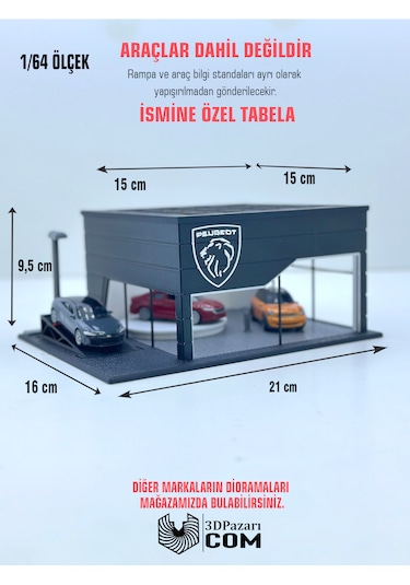 1/64 Ölçekli Peugeot Diorama Tasarımlı Araç Sergileme Garajı 3d Baskı