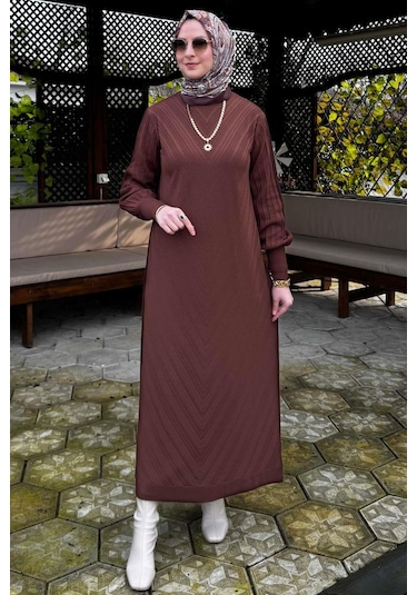 Yağmur Triko Elbise Kahve Normal