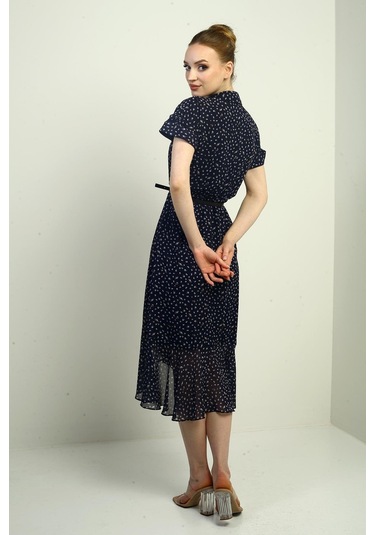 Kadın Kruvaze Yaka Astarlı Çıtır Desen Önü Volanlı Şifon Elbise-40767 Lacivert