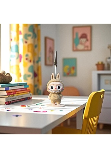 Dekoratif Sevimli Labubu Notluk - Kağıt Tutacağı - Fotoğraf Tutacak Bej