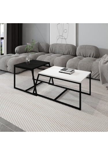 Minimal İkili Orta Sehpa Modern Tasarım, Çok Amaçlı Kullanım Beyaz - Siyah