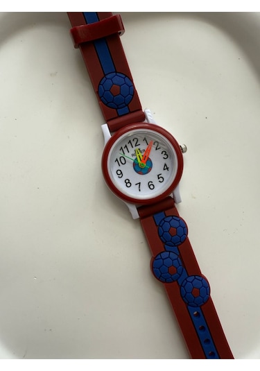 Çocuk Kol Saati Bordo Mavi Top Desenli Gümüş