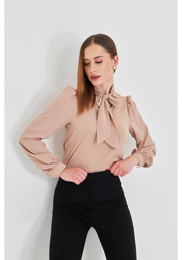 Büzgü Kol Fularlı Gömlek Vizon Vizon