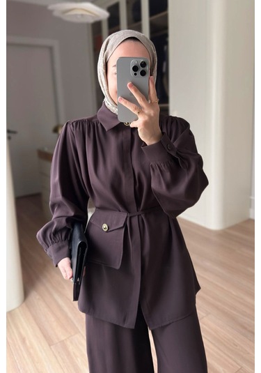 Ka Hijab Balon Kol Mini Çantalı Takım - Kahverengi