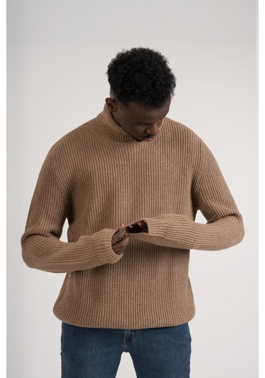 Regular Kesim Kalın Örgülü Yünlü Tam Balıkçı Triko Kazak Kahverengi