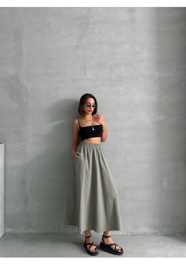 Kadın Beli Lastikli Dokuma Kloş Etek Haki Kadın Beli Lastikli Dokuma Kloş Etek Haki