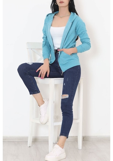 Buyers Butik - Kapşonlu Fermuarlı Sweat Petrol - 11866.108. 001