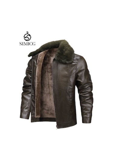 Kalınlaştırılmış Polar Rüzgar Geçirmez Günlük Deri Ceket Kahverengi