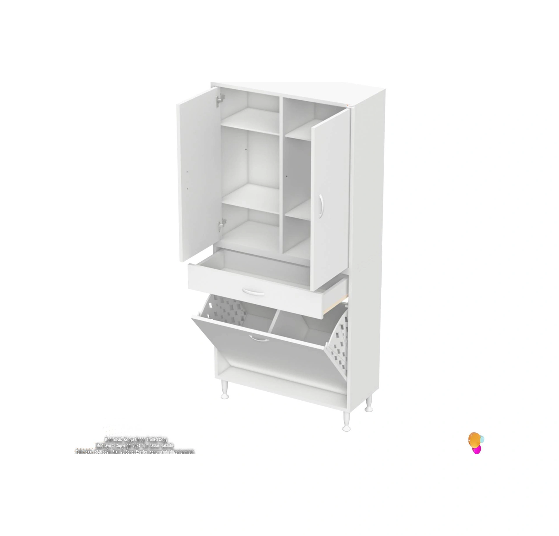 Yeni Kayra Tek Çekmece, 2 Göz Sepet, 2 Kapak, 6 Raf Dar Alan Banyo Dolabı 75x173x32,5 Cm Beyaz