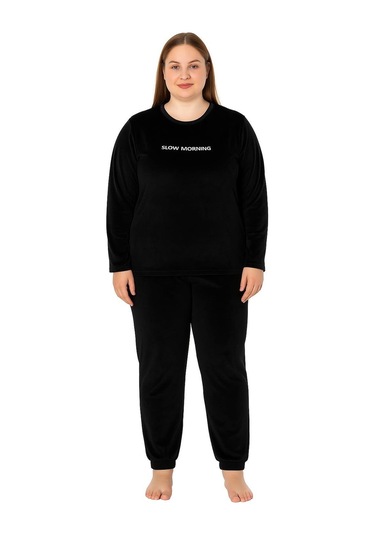 Kadın Büyük Beden 13212 Uzun Kol Pijama Takımı Siyah Siyah