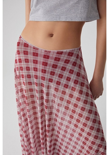 GRIMELANGE Julıano Kadın Yüksek Bel Çizgili Oversize Kırmızı Etek Kırmızı