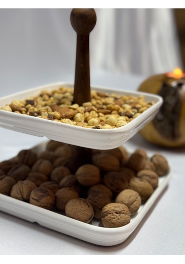 Aless 2 Katlı Ahşap Kulplu Seramik Sunumluk Çerezlik Meyvelik