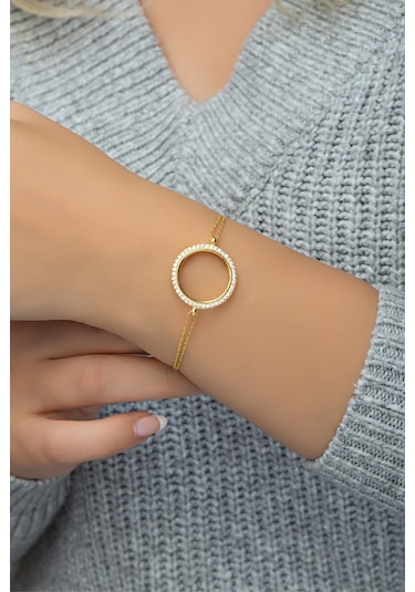 Nereze 925 Ayar Gümüş Gold Zirkon Taşlı Çeyreklik Bileklik