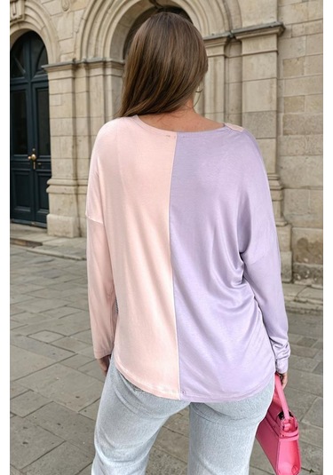 Kadın Color Block Uzun Kol V Yaka Rahat Bluz 3587200 Lila