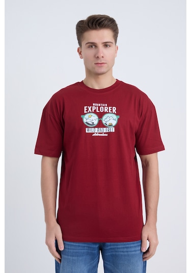 Velvoria Unisex Oversize Mountain Explorer Baskılı Bordo Renk T-shirt