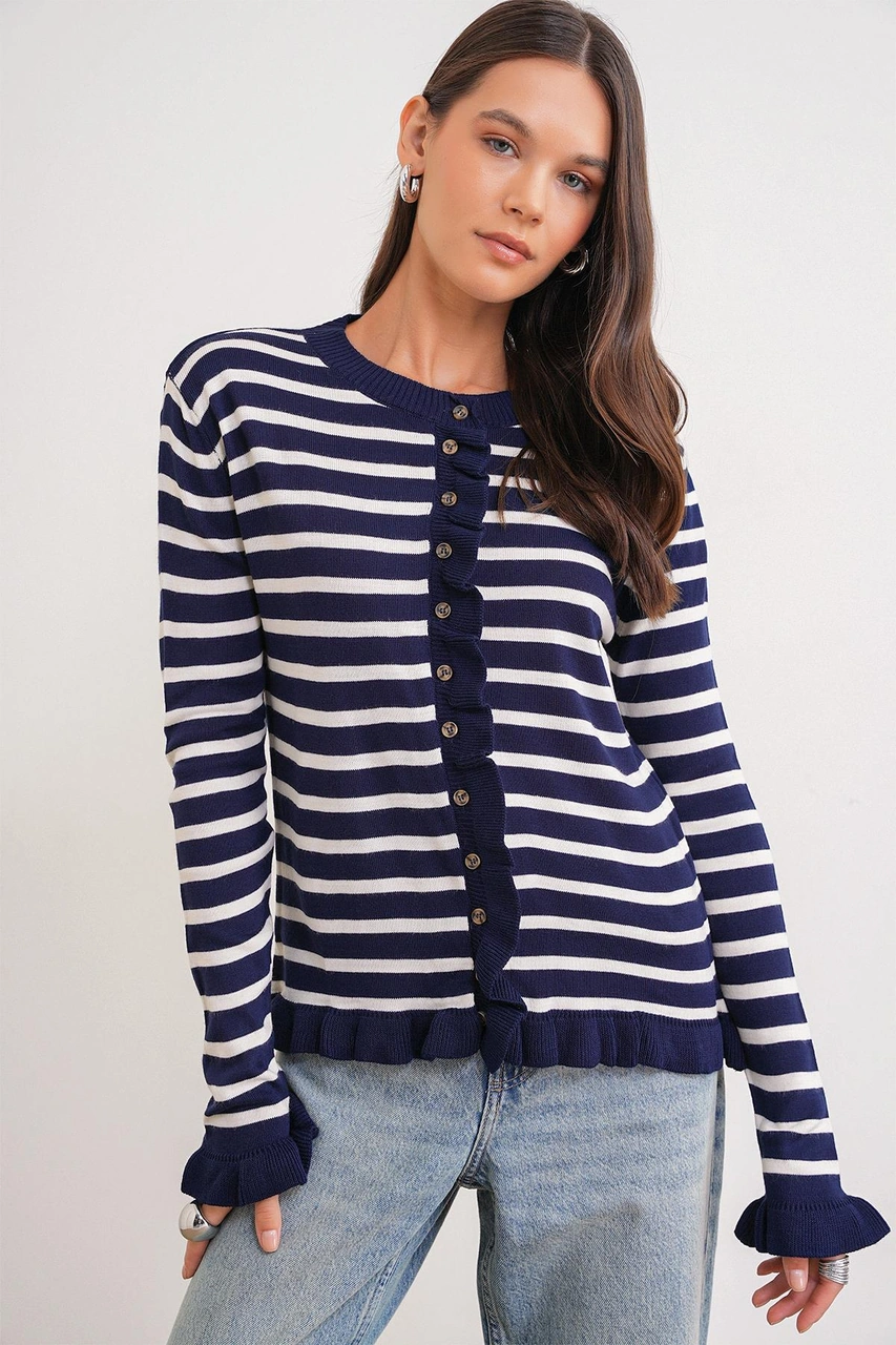 6965 Kadın Fırfır Detaylı Çizgili Triko Hırka Lacivert Lacivert