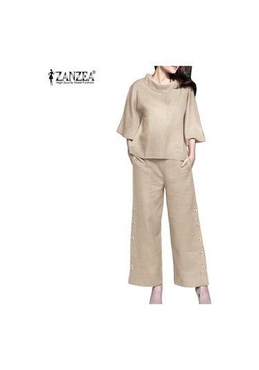 Zanzea Pamuklu Kıyafetler Bayan Bluz Ve Pantolon Yaz İki Parçalı Takım Elbise Set Mavi