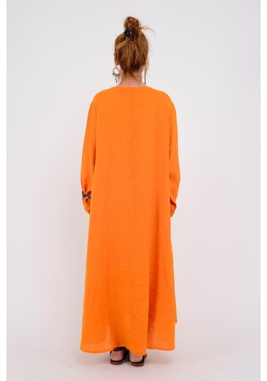 İtalyan V Yaka Uzun Kol Keten Elbise-8907 Oranj