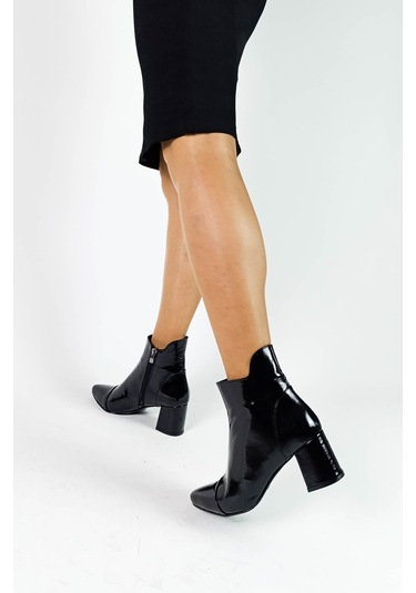 Hakiki Deri Siyah Rugan Fermuarlı Kalın Topuk Kadın Bot Siyah